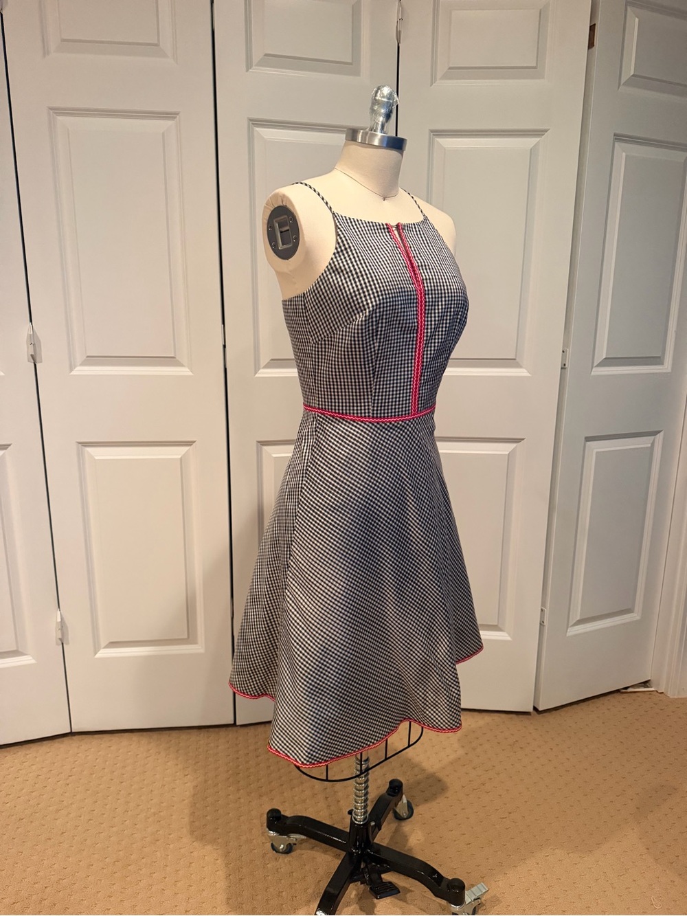 Sleeveless Black & White Gingham Fit-and-Flare Dress with Red  Trim - Picture 2 of 7